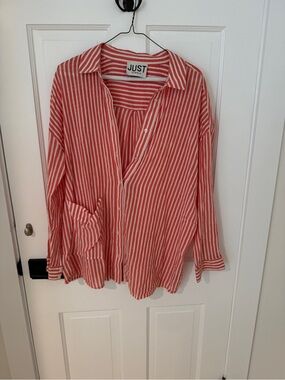 Just Female Coral and White Striped Button-Up Shirt